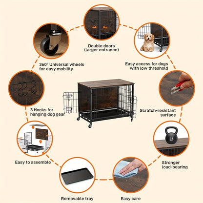 Hondenbench – Hondenkennel – Hondenkooi – Hondenkooi Binnen – Hondenhok – Groot formaat – IJzeren constructie – Dubbele deuren – Verrijdbaar met 4 wielen – Afneembare tray – Bruin meubeldesign