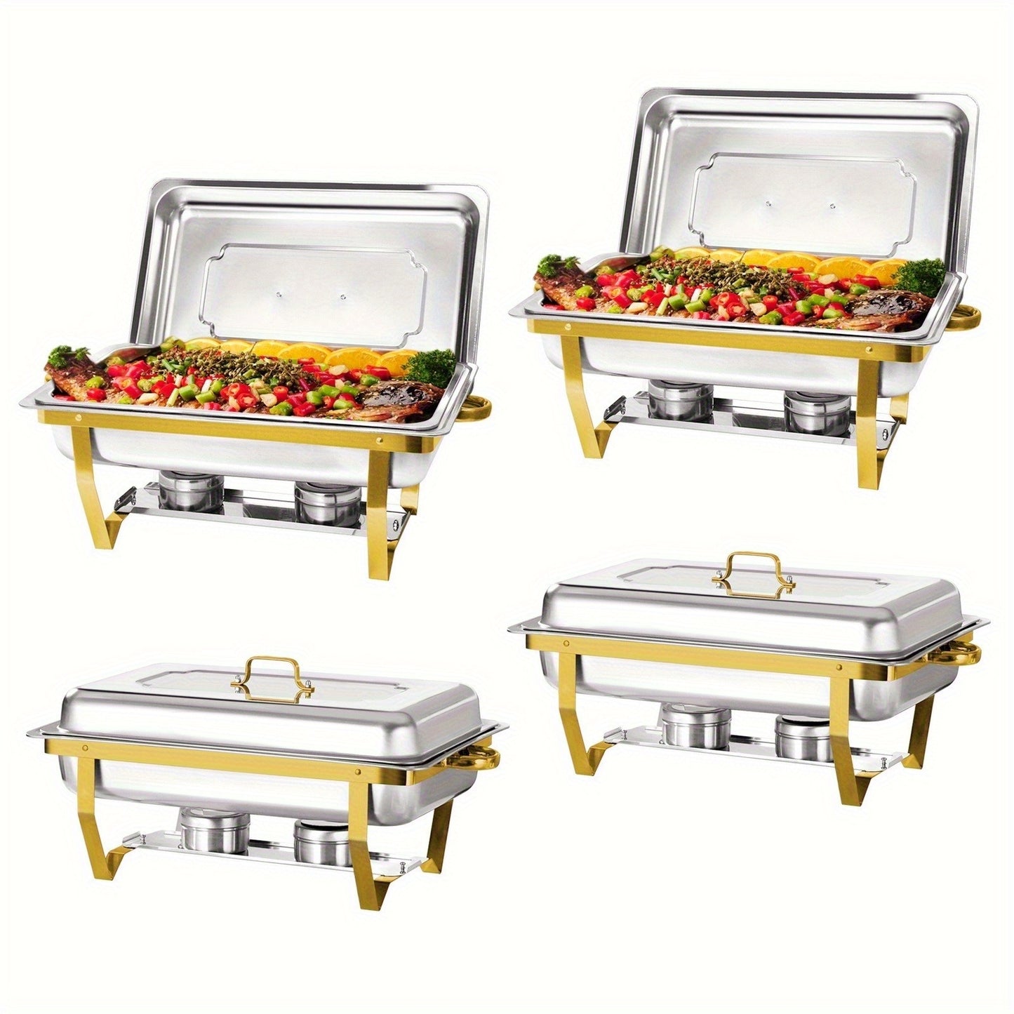 Chafing Dish Set – Buffet Warmhouder – Food Warmer – Voedselverwarmer – Warmhoudschaal – Roestvrij Staal 410 – Gouden & Zilveren Kleuren – Set Van 4 Stuks