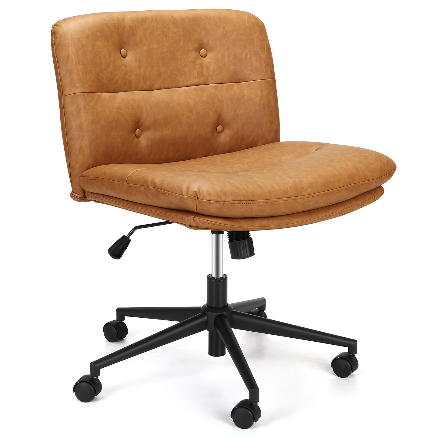 HAUSPROFI Adjustable Height Cross Legged Office Chair - Armless Swivel Desk Chair with 5-Wheel Base, Ergonomic Wide Seat & Solid Back Support, Brown - Portable Rolling Vanity Chair for Home Office, Dorm, Living Room, Dorm Roo
