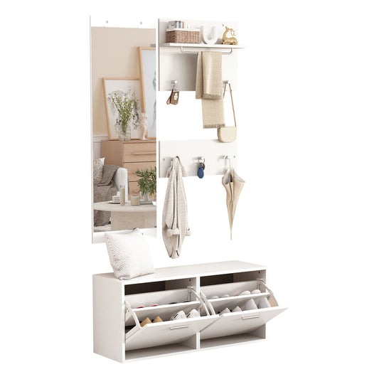 Kapstok – Wandkapstok – Staande Kapstok – Garderoberek – Kapstokhaak – Modern Wit – Compact 90x30x41,5 cm – Met Spiegel & Schoenenkast