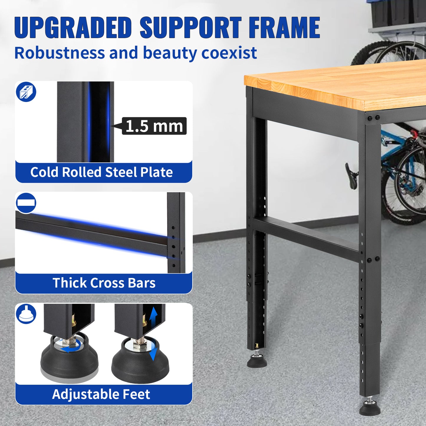 Werkbank – Werktafel – Klusbank – Werkplek – Verstelbare Hoogte – Massief Houten Blad 48"x20" – Stopcontacten en USB Poorten