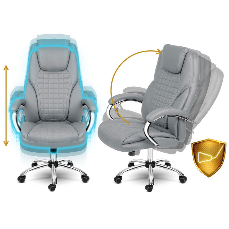 Bureaustoel – Office Chair – Kantoorstoel – Gamingstoel – Draaistoel – Verstelbare Zithoogte – SoftSwing Schommelfunctie – Lichtgrijs Eco-Leer