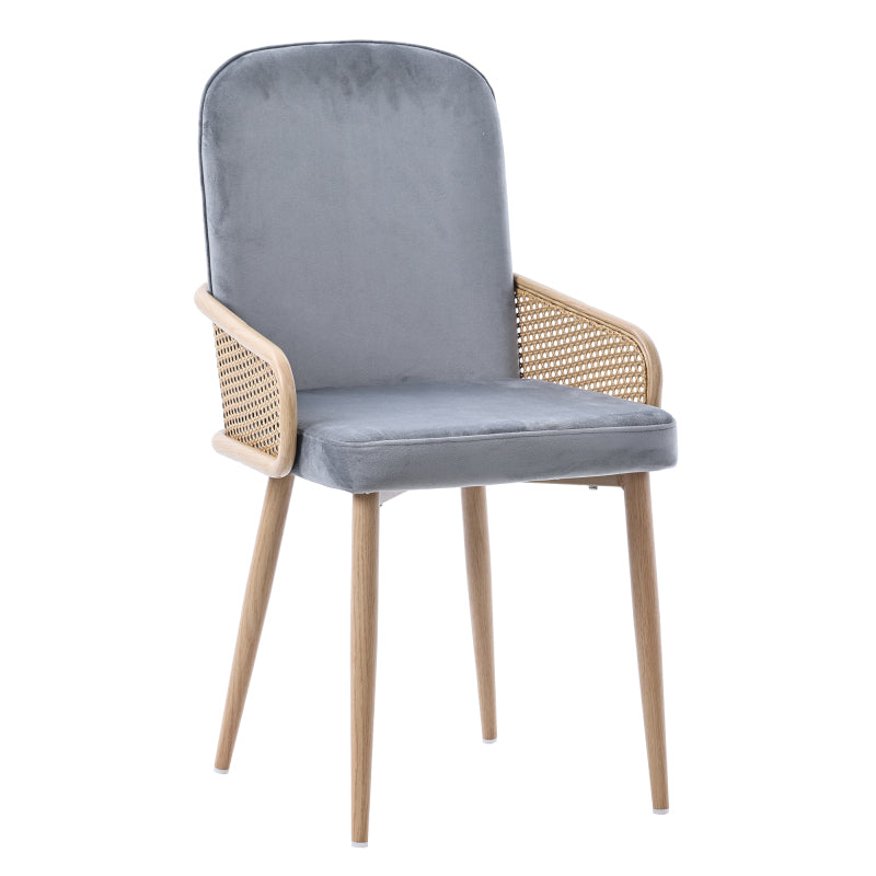 Rattan Stoel – Eetkamerstoel – Lounge Stoel – Accentstoel – Vintage Stoel – Metalen Frame – Houtnerf Effect – Set Van 2 – Compact & Comfortabel – Grijs Design