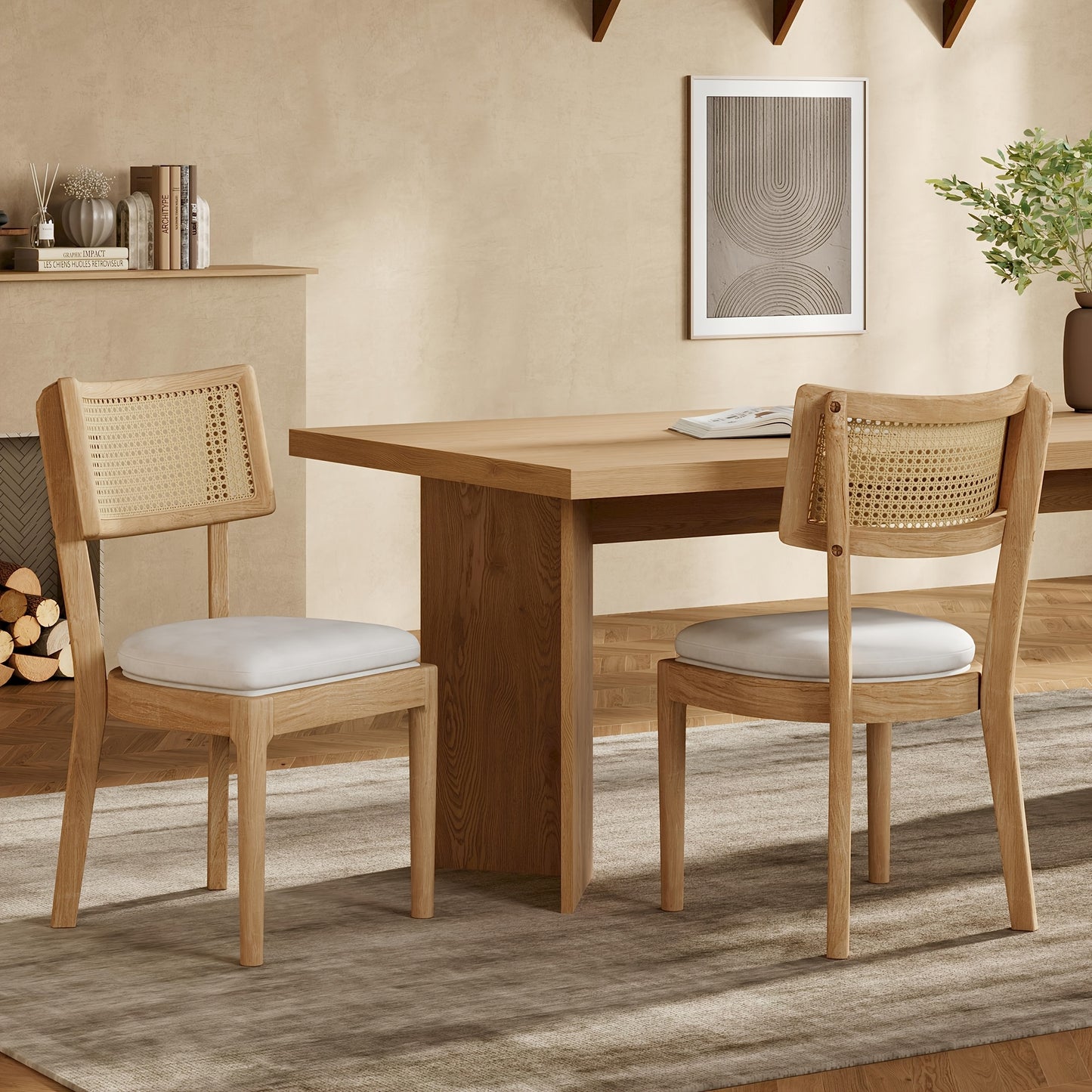 Rotan Stoel – Eetkamerstoel – Bistrostoel – Rieten Stoel – Rattan Stoel – Set Van 2 – Ademend En Comfortabel – Linnen Bekleding Champagne