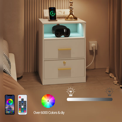 Bedside Table Set Of 2, Side Table with Lights, 1 Open Compartment And 2 Drawers, for Bedroom, Living Room, White