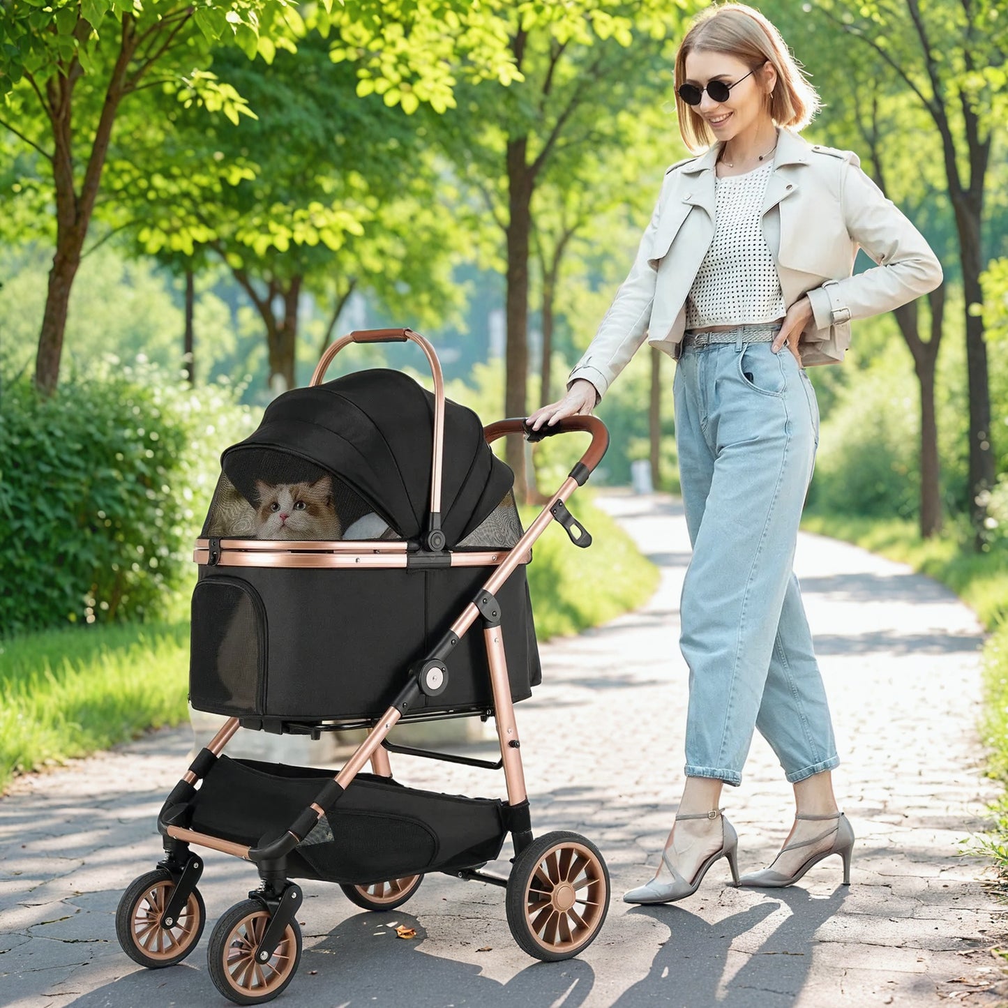 Dierenwagen – Huisdierwandelwagen – Draagkooi – Hondenwagen – Kattenwagen – Met 4 Schokabsorberende Wielen – Draagvermogen 25 kg – Lichtgewicht Metalen Frame – Inclusief Veiligheidstuigje Champagne Golden Gray