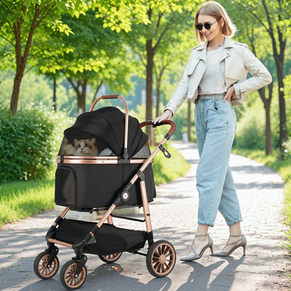 Dierenwagen – Huisdier Stroller – Kattenwagen – Hondenwagen – Draagmand – 25 kg Capaciteit – 4 Schokabsorberende Wielen – Champagne Golden Black