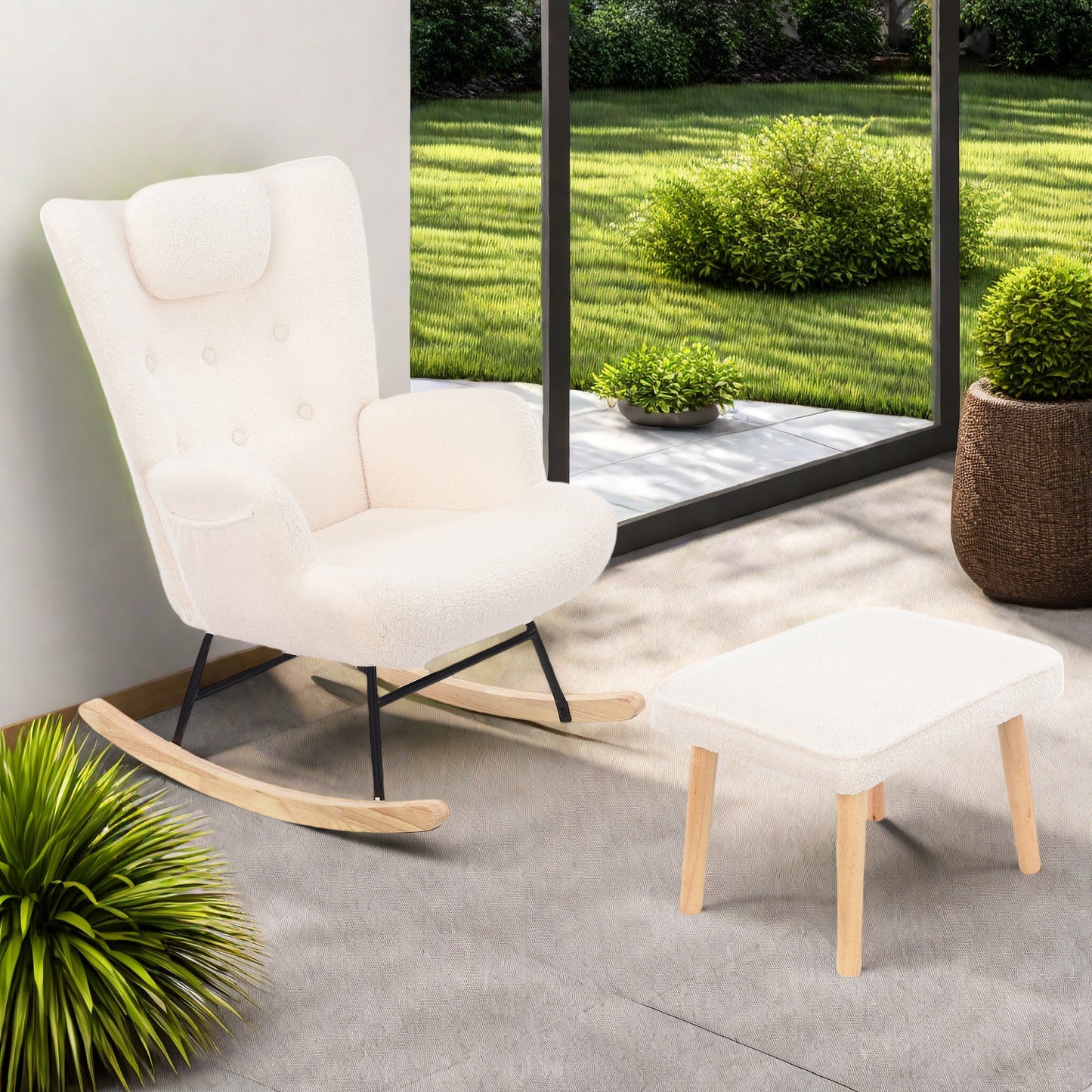 Fauteuil – Schommelstoel – Relaxstoel – Loungefauteuil – Leesfauteuil – Met Voetenbank – Zijzakken – Ergonomisch Design – Massief Hout – Wit