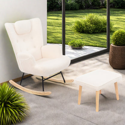 Fauteuil – Schommelstoel – Relaxstoel – Loungefauteuil – Leesfauteuil – Met Voetenbank – Zijzakken – Ergonomisch Design – Massief Hout – Wit