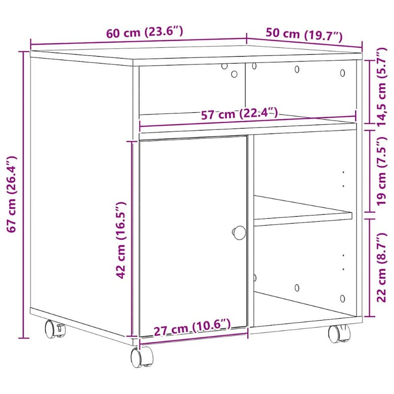 Oak Manual Printer Stand with 4-Wheel Mobility & Heavy-Duty Wood - Sturdy Space-Saving Desktop Organizer with Storage Shelves & Printer Cabinet for Office, Printer, Scanner, Books (Easy Assembly) -