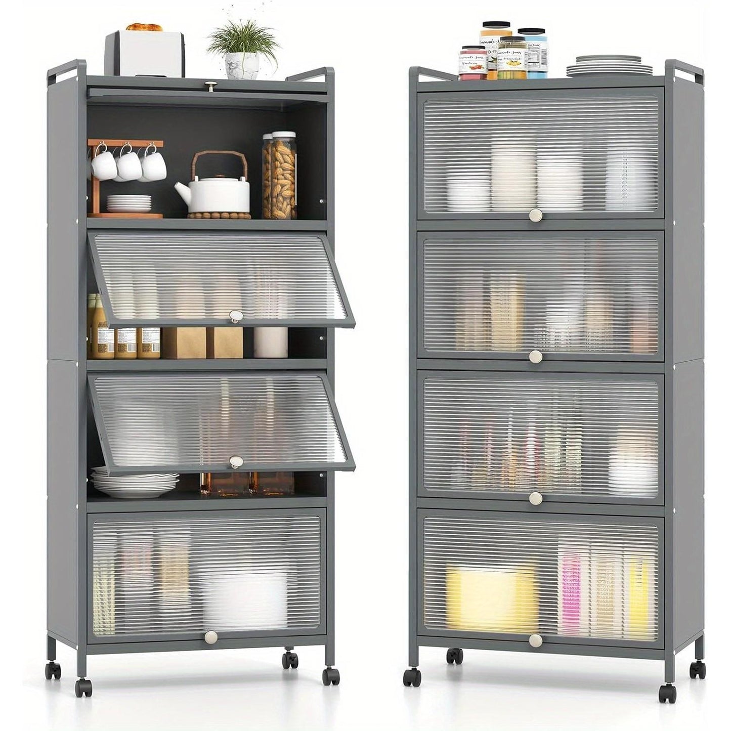 Keukentrolley – Opbergkast – Serveerwagen – Keukenkast – Trolley – 5 Lagen – 360° Zwenkwieltjes – Anti-Kantel Kits – Wit – Met Kunststof Deuren