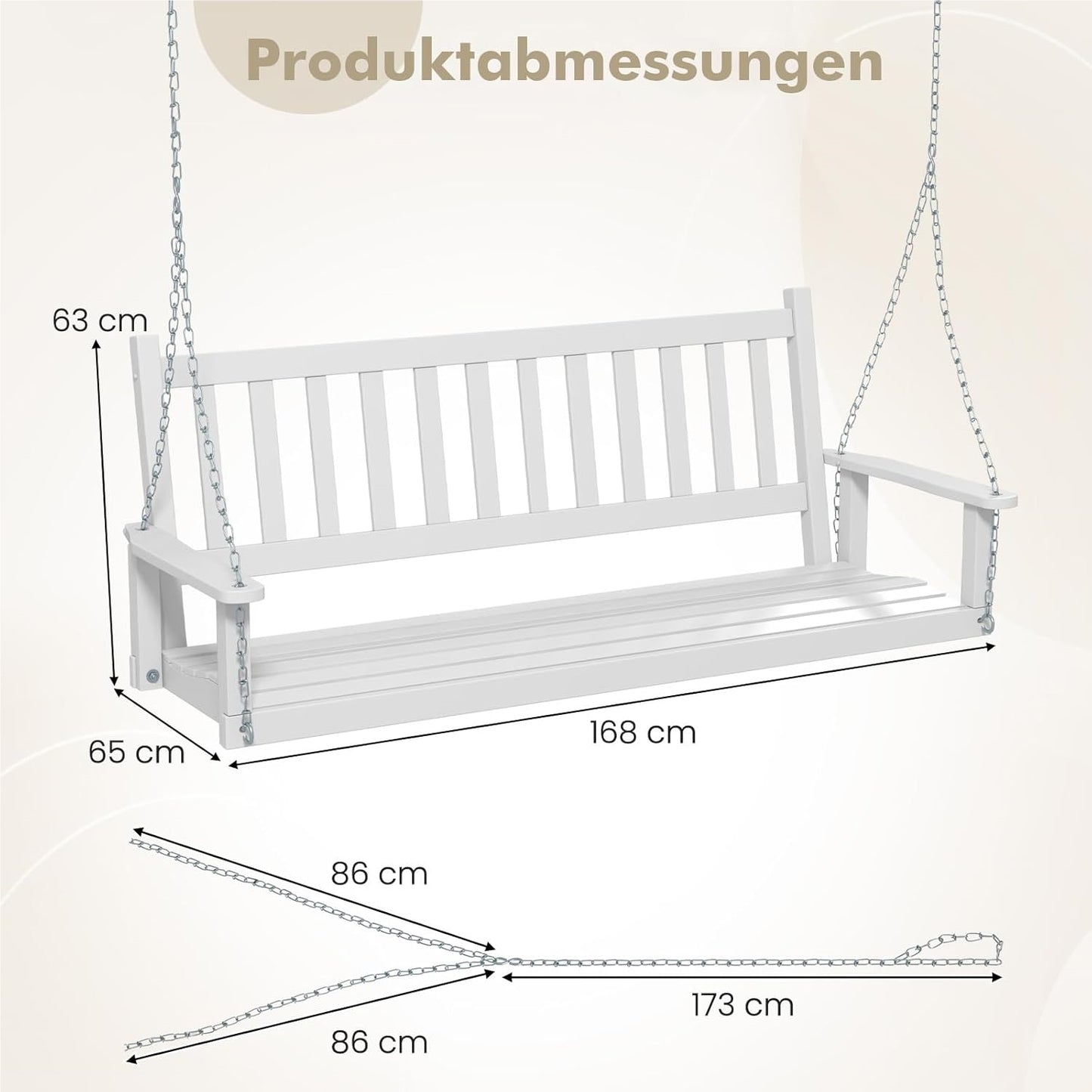 Schommelbank – Hangbank – Tuinbank – Tuinschommel – Hollywoodschommel – 3-Zits – Massief Populierenhout – Max 360 kg Draagkracht – Wit – 168x65x63 cm