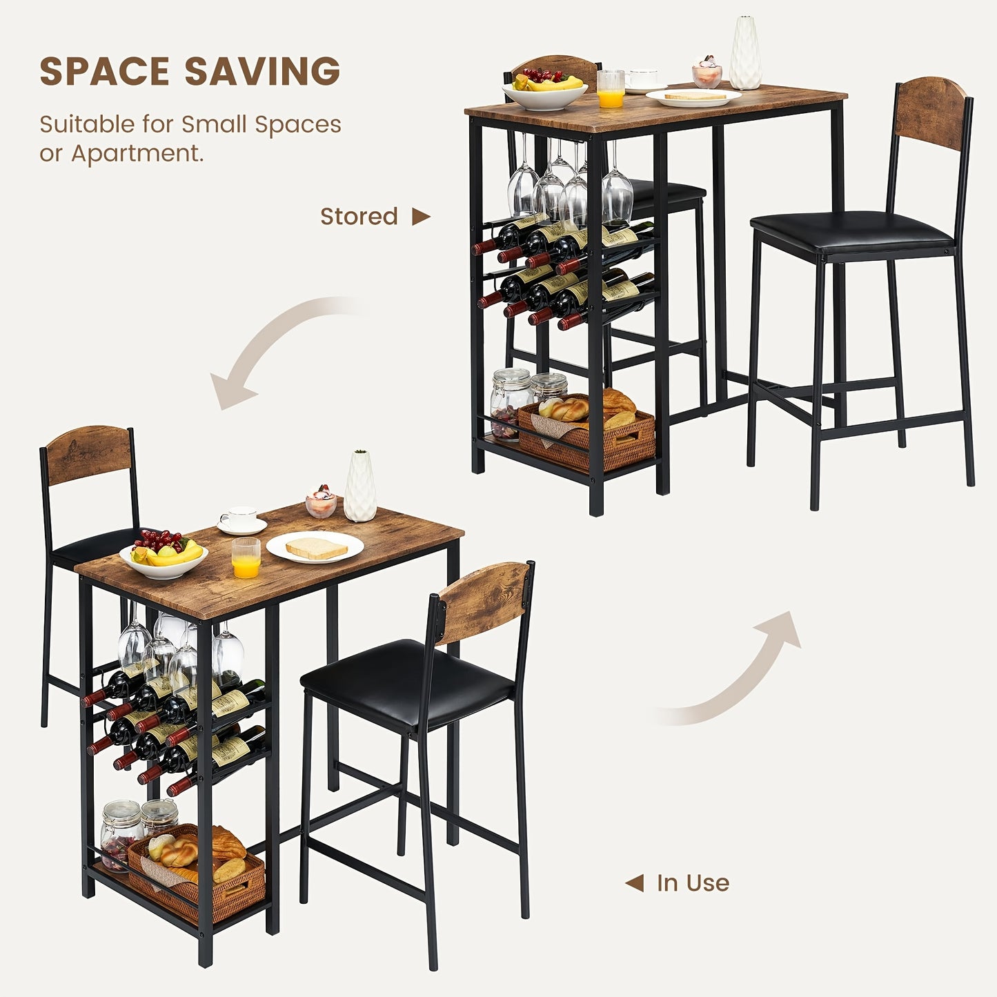 Compact Bar Table Set for 2 with Footrest & 2 Upholstered Chairs - Space-Saving Kitchen/Dining Table Set with Storage Shelf, Easy Assembly, Sturdy Hardwood-like Construction, Retro Brown for Small Spaces, Counter Bars, Apartm