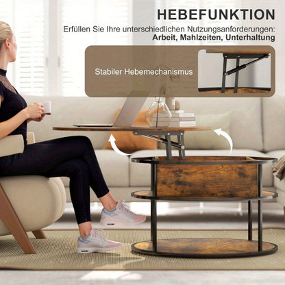 Verstelbare Salontafel – Ronde Tafel – Bijzettafel – Coffee Table – Woonkamer Tafel – Bruin – Hoogte Verstelbaar 47-61,5 cm – Met Verborgen Opbergruimte