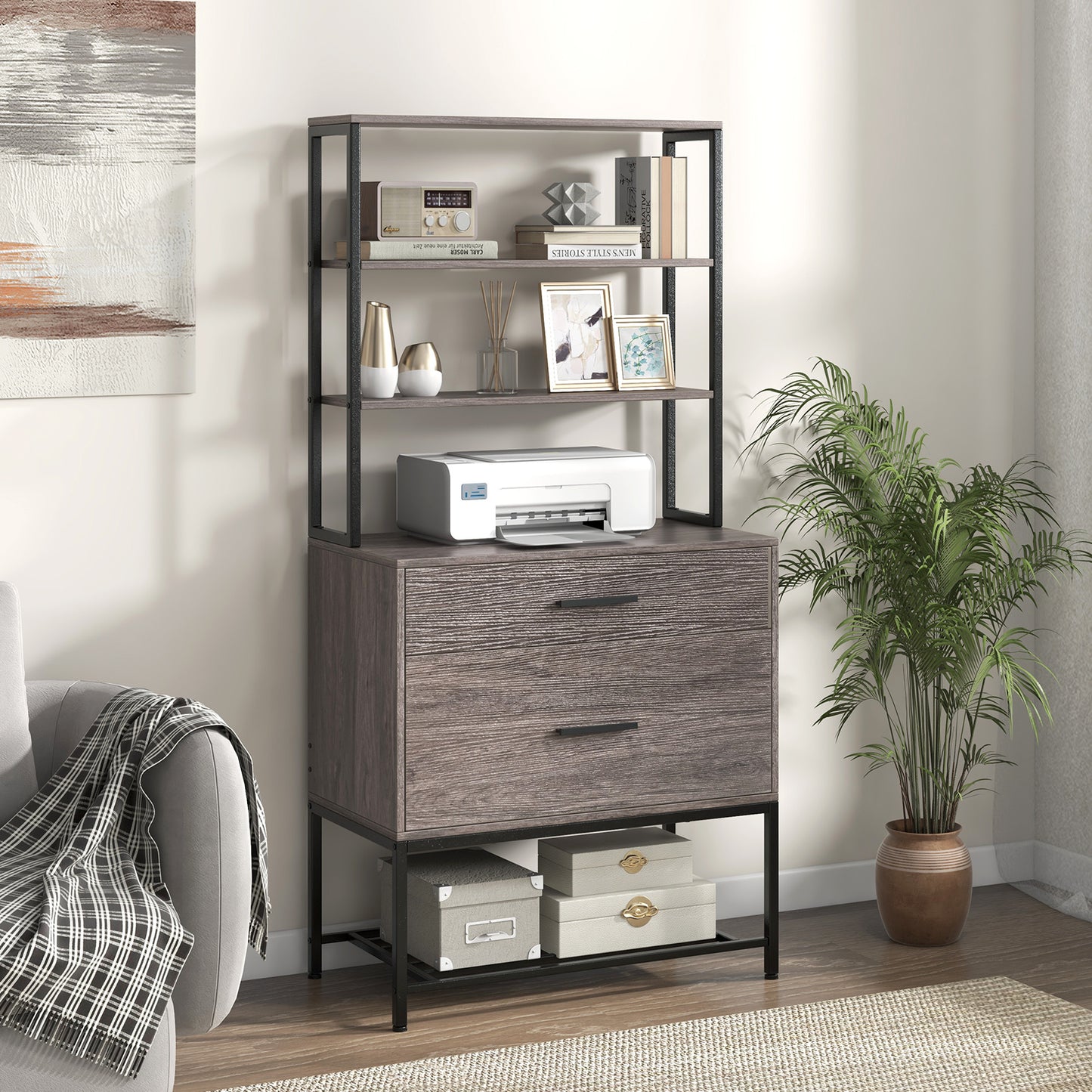 Kantoorkast – Archiefkast – Opbergkast – Boekenkast – Vakkenkast – Industrieel Design – 3 Open Planken & 2 Lades – MDF Met Metaal – 75x40x156 cm – Grijs