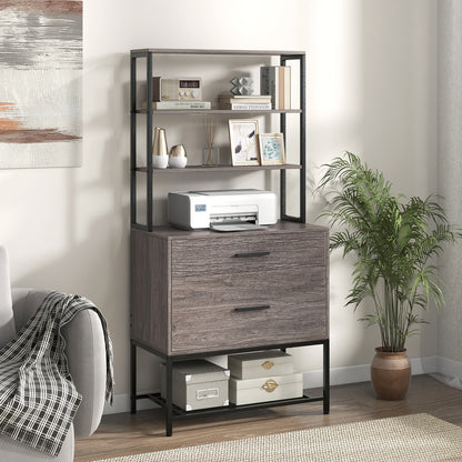 Kantoorkast – Archiefkast – Opbergkast – Boekenkast – Vakkenkast – Industrieel Design – 3 Open Planken & 2 Lades – MDF Met Metaal – 75x40x156 cm – Grijs