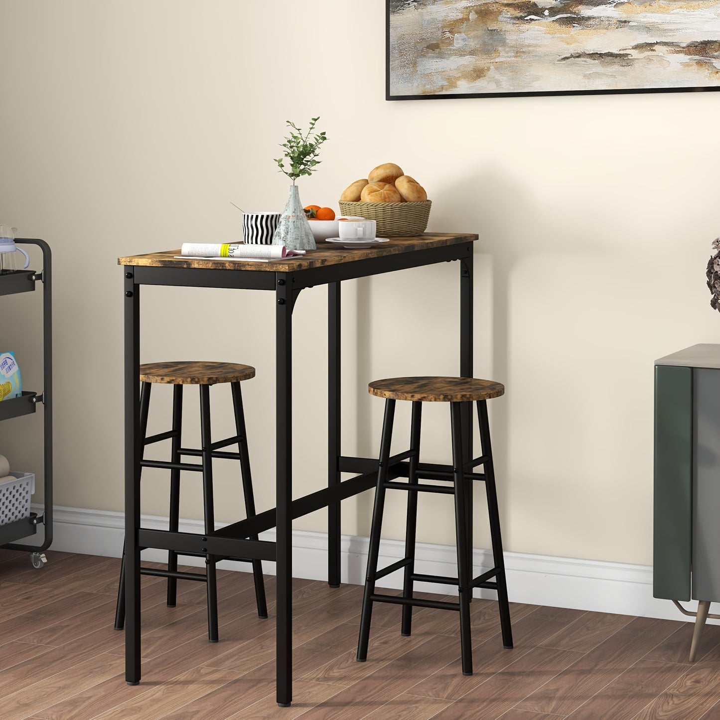 Bartafelset – Barkrukken Set – Eettafel Industrieel – Bar Meubel Set – Keukentafel 3-Delig – Stalen Frame – Rustiek Bruin