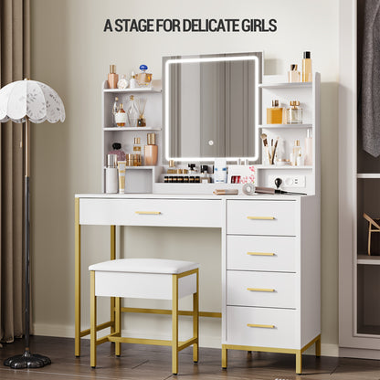 Make-uptafel – Kaptafel – Vanity – Sieradekast – Make-upmeubel – Wit Gouden – Verstelbare LED-verlichting – Groot HD-spiegeloppervlak