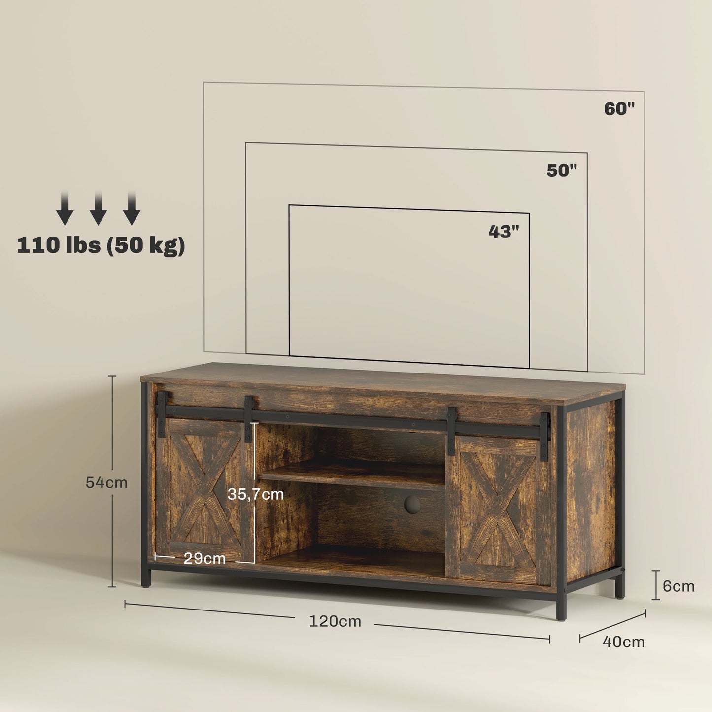 Tv meubel – TV-kast – TV-meubel – Lowboard – Media meubel – Industrieel design – Geschikt tot 60 inch – 6 opbergvakken met 2 schuifdeuren