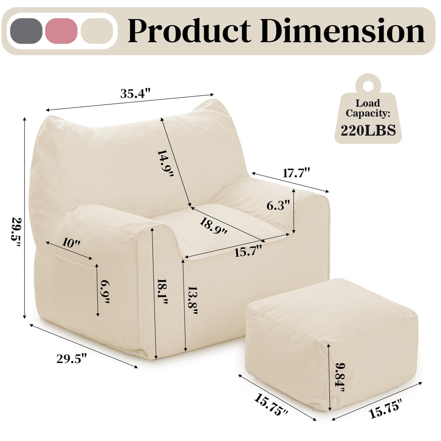 Zitzak – Relaxzetel – Loungestoel – Fauteuil – Poef – Beige – Ergonomisch Ontwerp Met Memory Foam – Afneembare Wasbare Corduroy Hoes