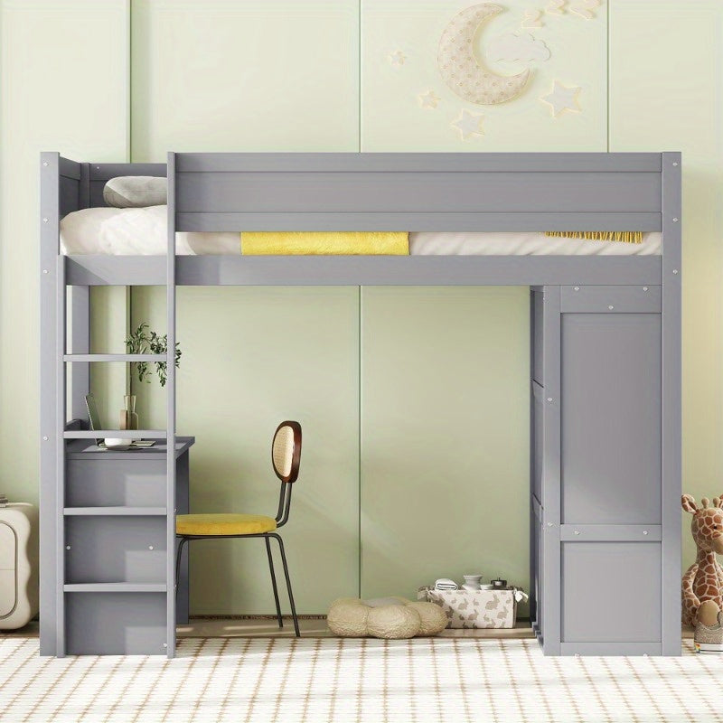 Hoogslaper – Stapelbed – Kinderbed – Eenpersoonsbed – Meubelbed – Ruimtebesparend Design – Stevige Niet-Houten Constructie – Inclusief Kledingkast, Bureau en Lade – Neutraal Grijs – Eenvoudige Montage