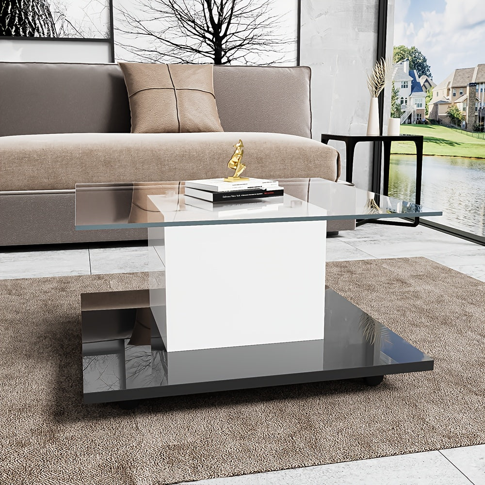 Salontafel – Koffietafel – Tafel – Bijzettafel – Glasplaat – Zwart – Verstelbare Wieltjes – Opbergruimte – Hoogwaardig Glas – Compact Vierkant Design