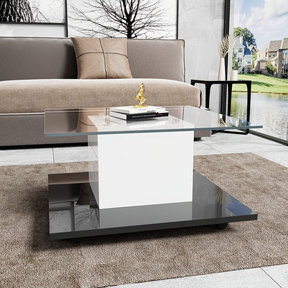Salontafel – Koffietafel – Tafel – Bijzettafel – Glasplaat – Zwart – Verstelbare Wieltjes – Opbergruimte – Hoogwaardig Glas – Compact Vierkant Design