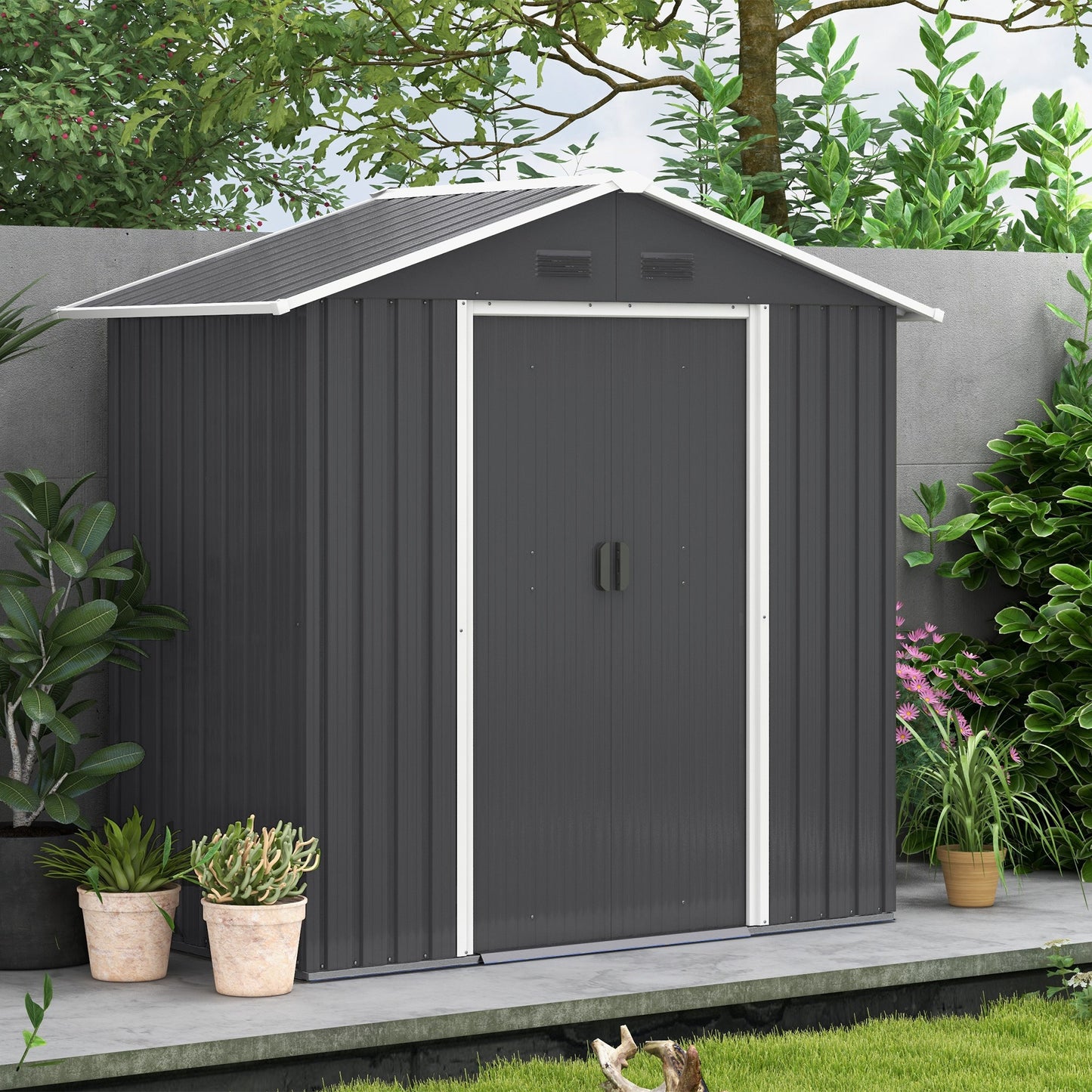 Metalen Tuinschuur – Tuinberging – Tuingereedschap Opslag – Tuinbox – Buitenopslag – 2,1 m² Ruimte – Ventilatie Met 4 Openingen – Dubbele Schuifdeuren Met Slot – Donkergrijs