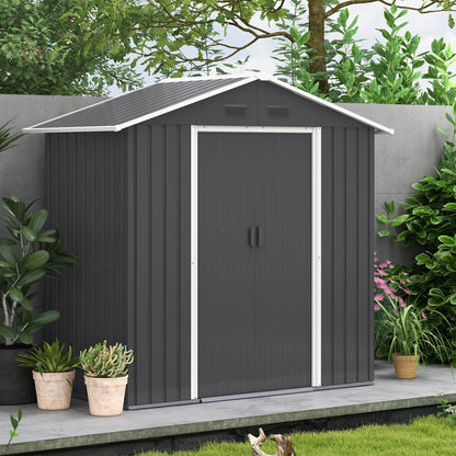 Metalen Tuinschuur – Tuinberging – Tuingereedschap Opslag – Tuinbox – Buitenopslag – 2,1 m² Ruimte – Ventilatie Met 4 Openingen – Dubbele Schuifdeuren Met Slot – Donkergrijs