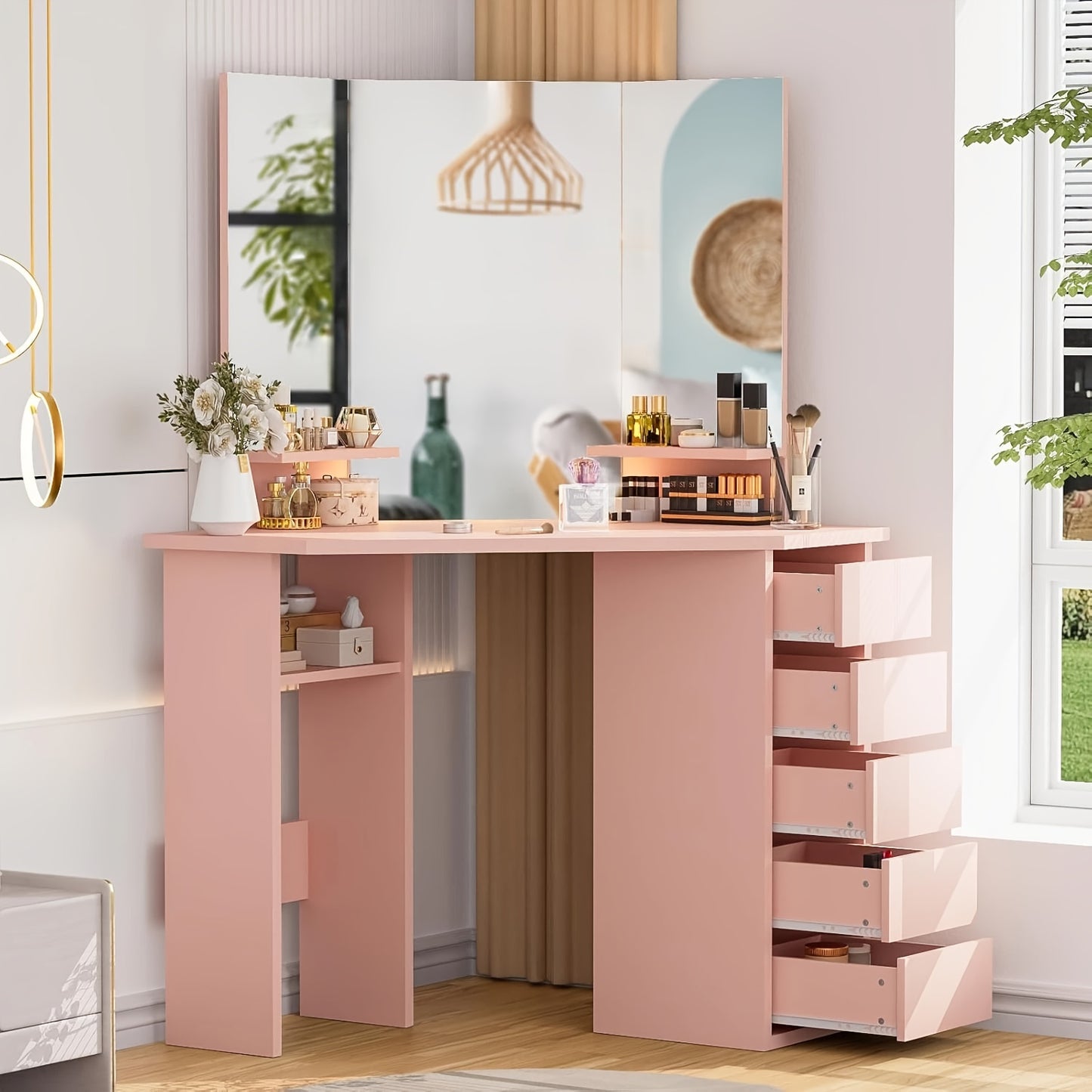 Kaptafel – Make-up Tafel – Schminktafel – Dressoir – Toilettafel – Hoekmodel Met 3 Spiegels – 5 Lades & 2 Open Vakken – Modern Design 112x50x142,5 cm – Roze