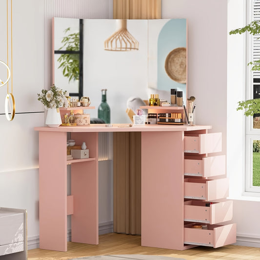 Kaptafel – Make-up Tafel – Schminktafel – Dressoir – Toilettafel – Hoekmodel Met 3 Spiegels – 5 Lades & 2 Open Vakken – Modern Design 112x50x142,5 cm – Roze