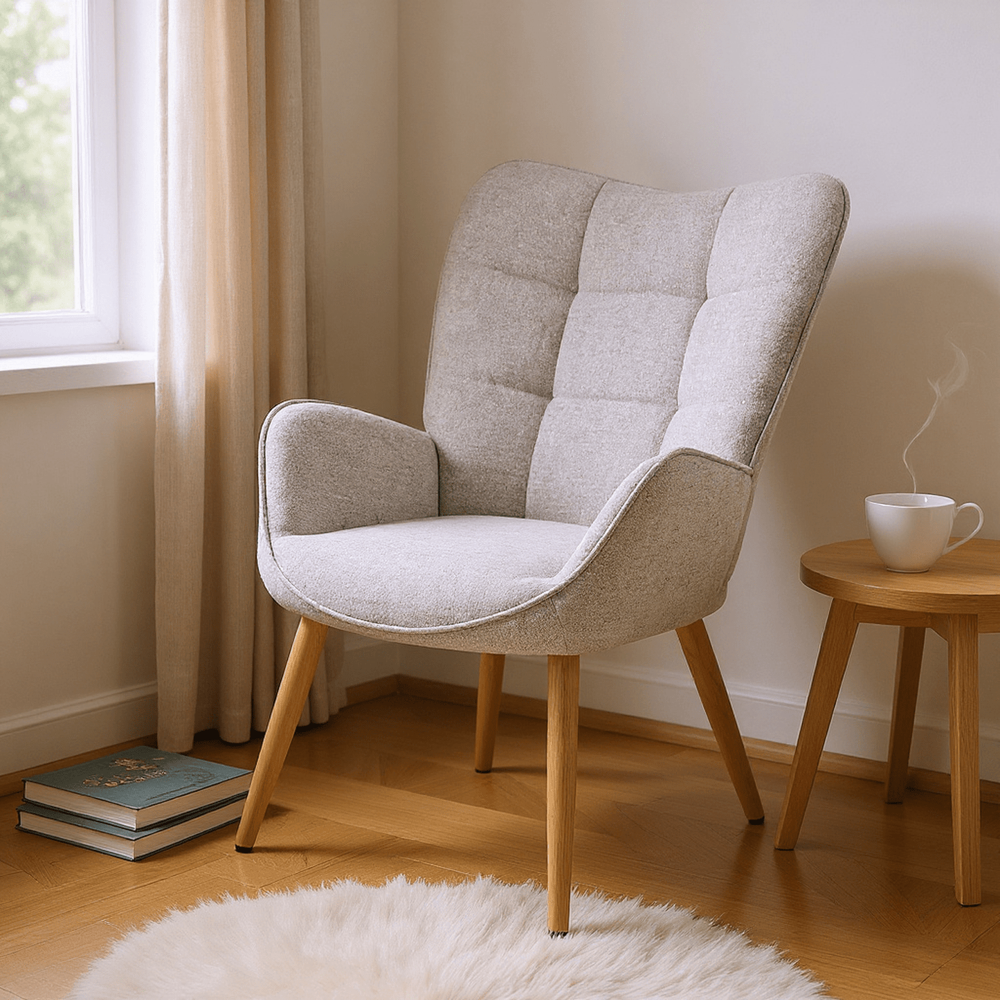 Loungestoel – Fauteuil – Relaxstoel – Zetel – Armstoel – Scandinavisch Design – Comfortabele Stoffering – Houten Poten – Grijs – 72x61x90,5 cm
