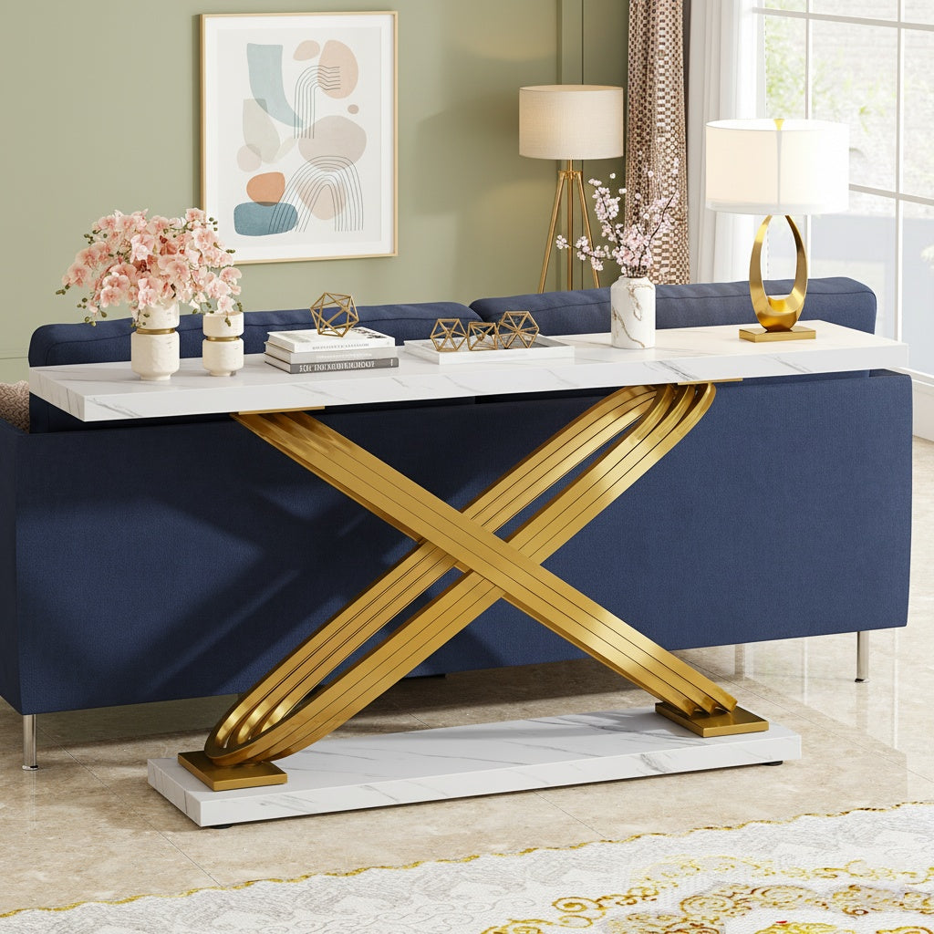 Moderne Sidetable – Console Tafel – Haltafel – Sofa Tafel – Smalle Tafel – Gouden Metaal Frame – Kunstmarmeren Blad – 139,7 cm – Verstelbare Hoogte