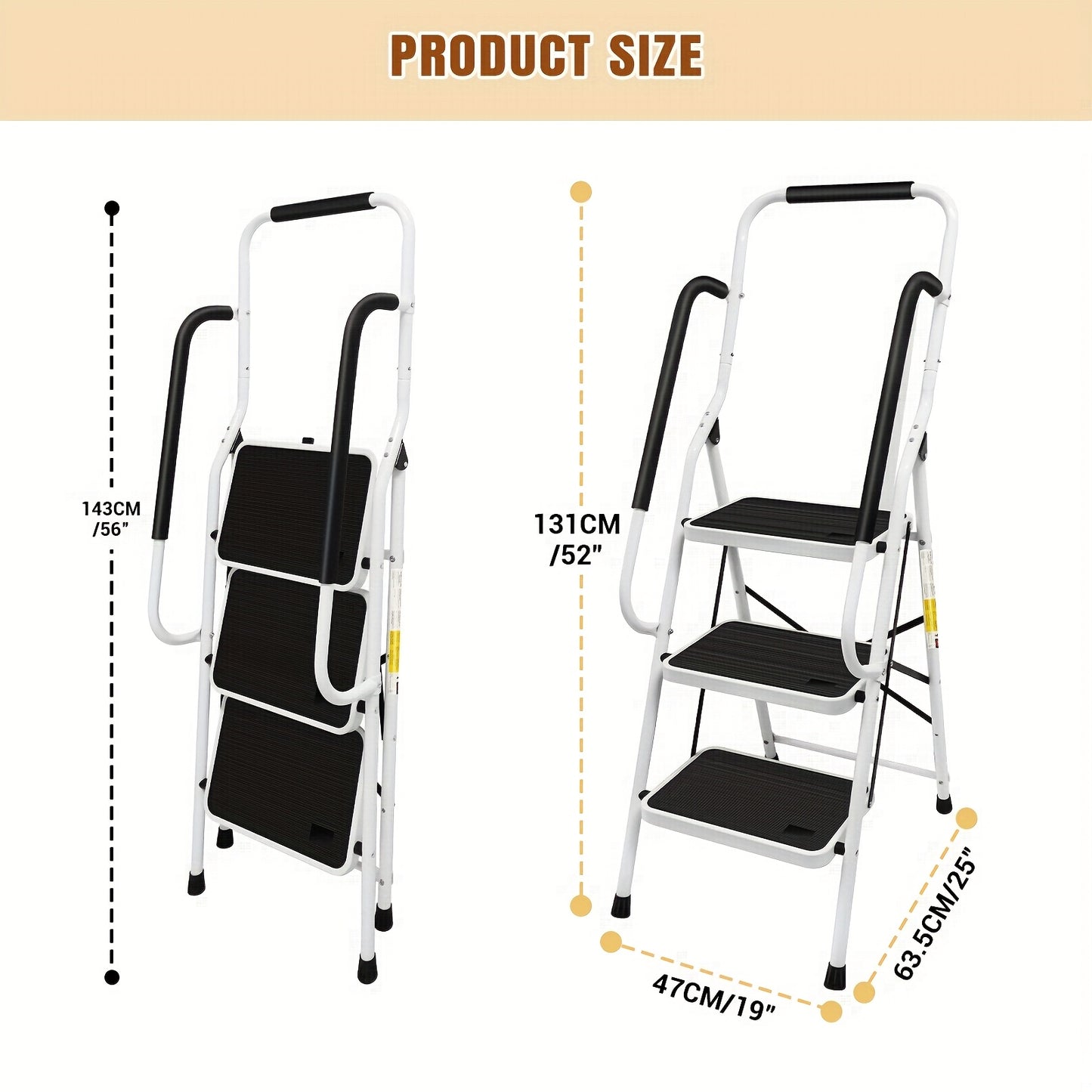 3-Traps Ladder – Opvouwbare Ladder – Steigertrap – Trapladder – Opstapladder – Veiligheidshandgreep – Antislip Voeten – Stalen Constructie – Max. Draaggewicht 150 kg