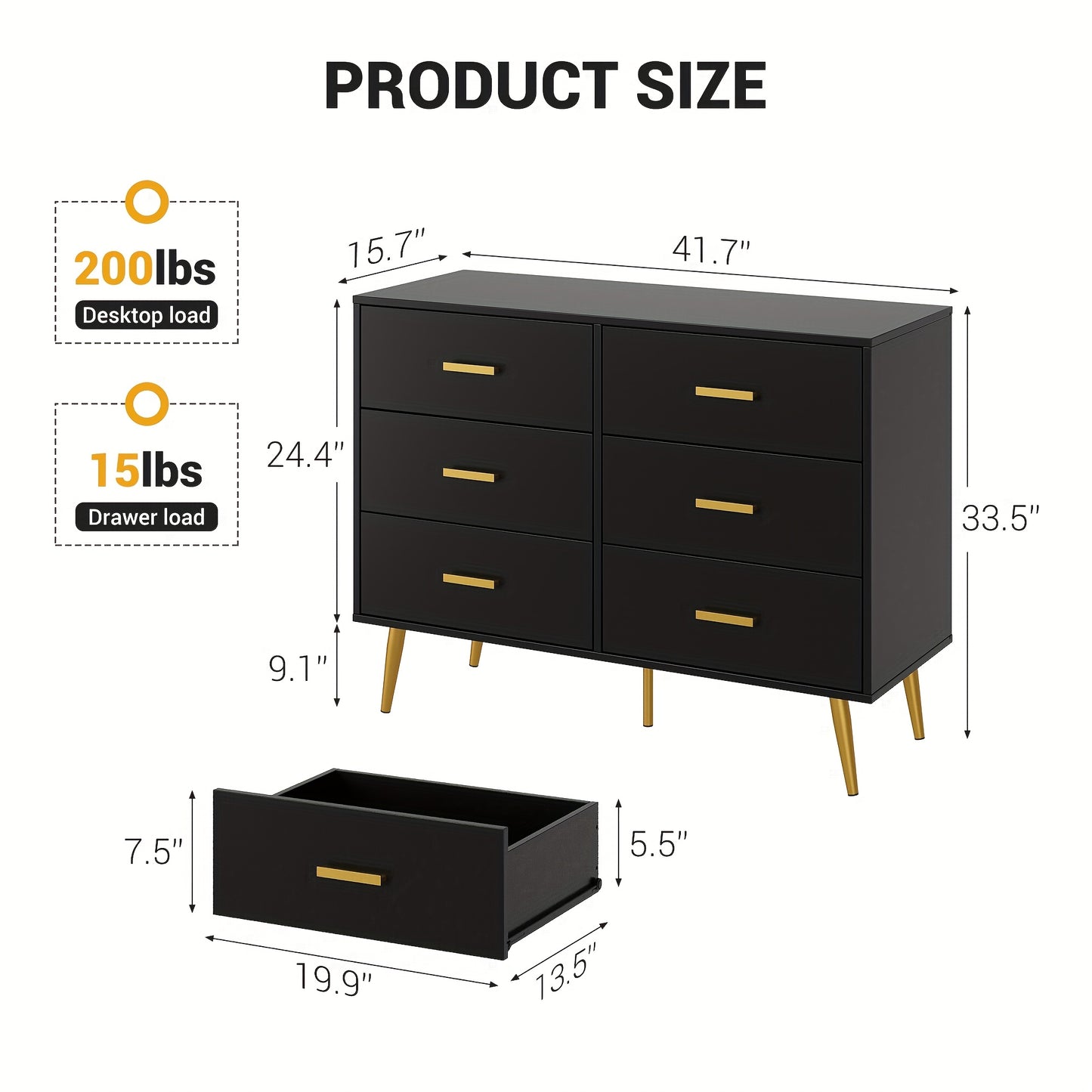Ladekast – Dressoir – Ladenkast – Opbergkast – Kledingkast – Zwart met Gouden Handgrepen – 6 Ruime Lades – Compact MDF en Hout
