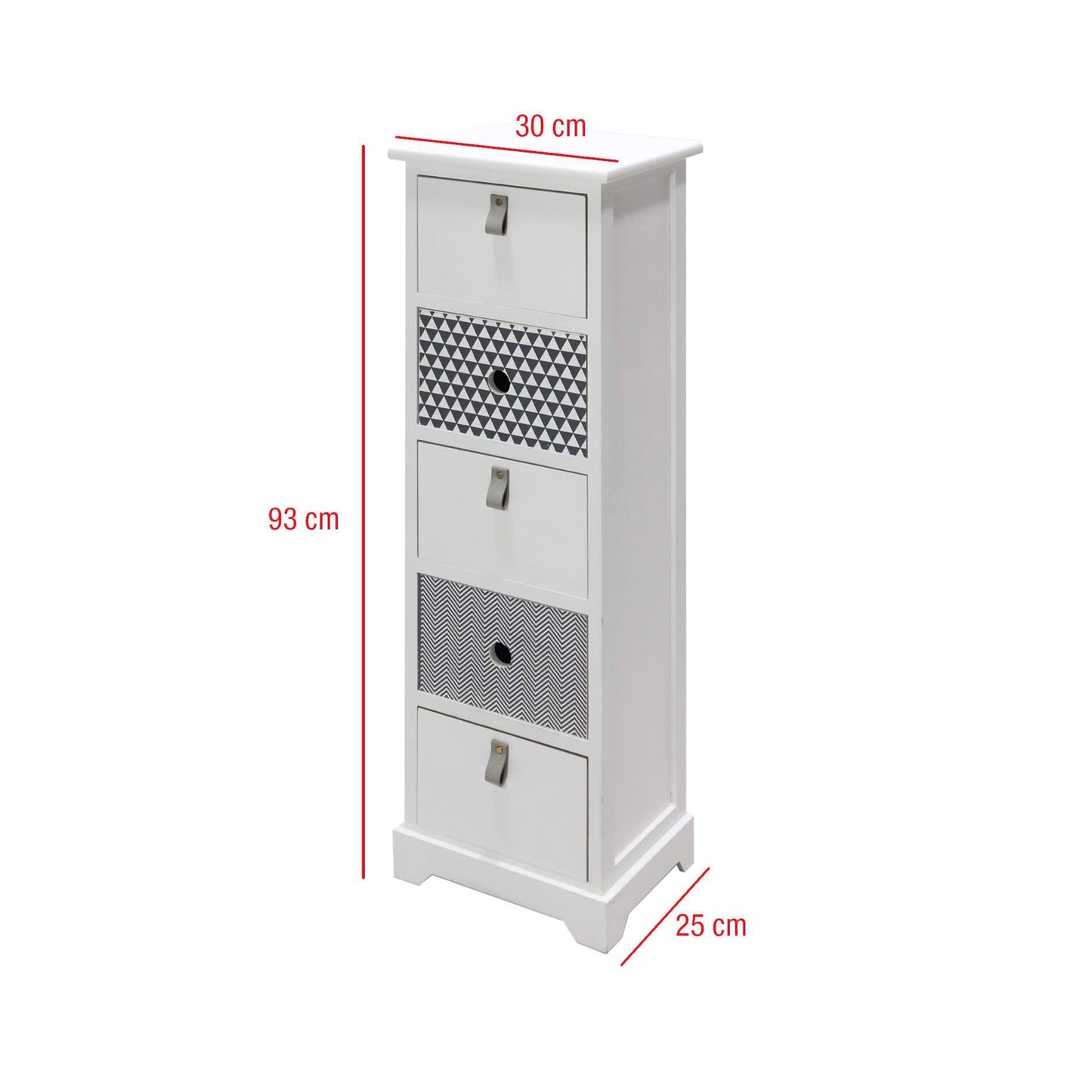 Nachtkastje – Ladekast – Bijzettafel – Opbergkast – Ladekast Smal – 5 Laden – Modern Design – MDF Hout – 93x30x25 cm – Wit Grijs