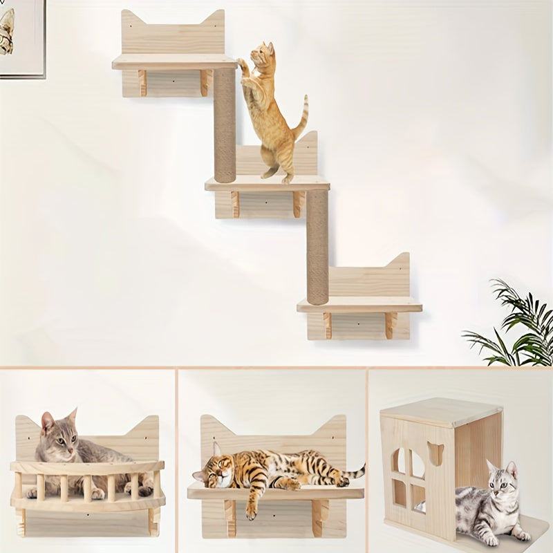 Krabpaal – Kattenboom – Krabmeubel – Kattenhuis – Klimmeubel – Muurbevestigd – Stevig Houten Design – Ruimtebesparend 9-delige Set – Draagt Tot 11,34 Kg