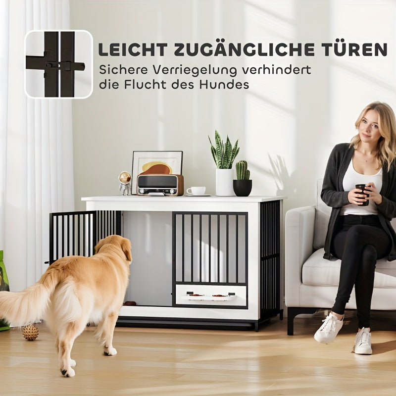 Hondenbench – Hondenkooi – Dierenkooi – Hondenrek – Hondenhok – Wit – Duurzaam IJzermateriaal – Vergrendelbare Deur Met Draaibare Voerbak - QUORE