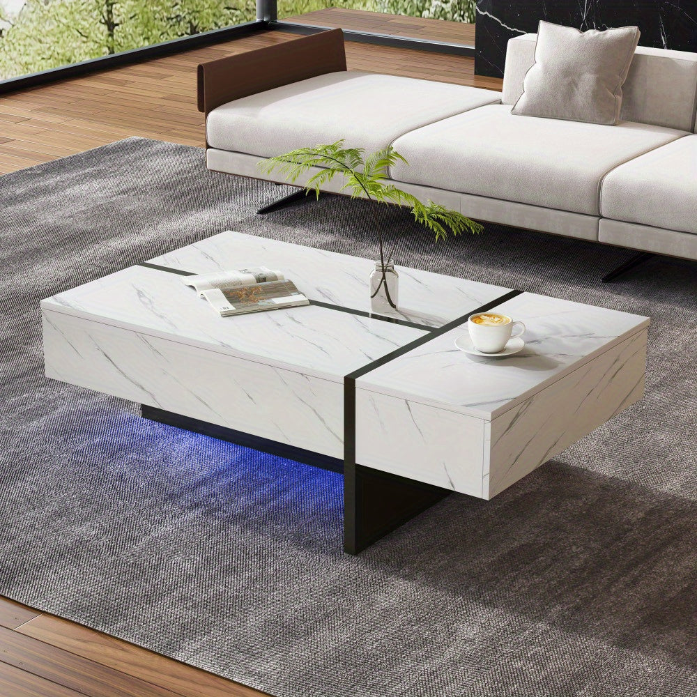 Salontafel – Koffietafel – Woonkamertafel – Bijzettafel – Salon tafel – Wit Marmerpatroon – Hoogglans Spaanplaat – 105x60x35 cm – Modern Minimalistisch Design
