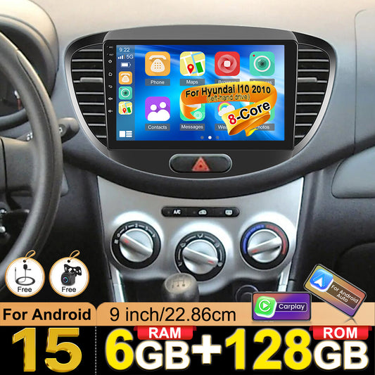 Car Stereo Hyundai i10 2010 – Autoradio – Multimedia Systeem – Navigatiesysteem – Touchscreen Audio – Android 15.0 – Draadloze CarPlay – 9 Inch Scherm – 6GB RAM + 128GB Opslag – Plug-and-Play Installatie