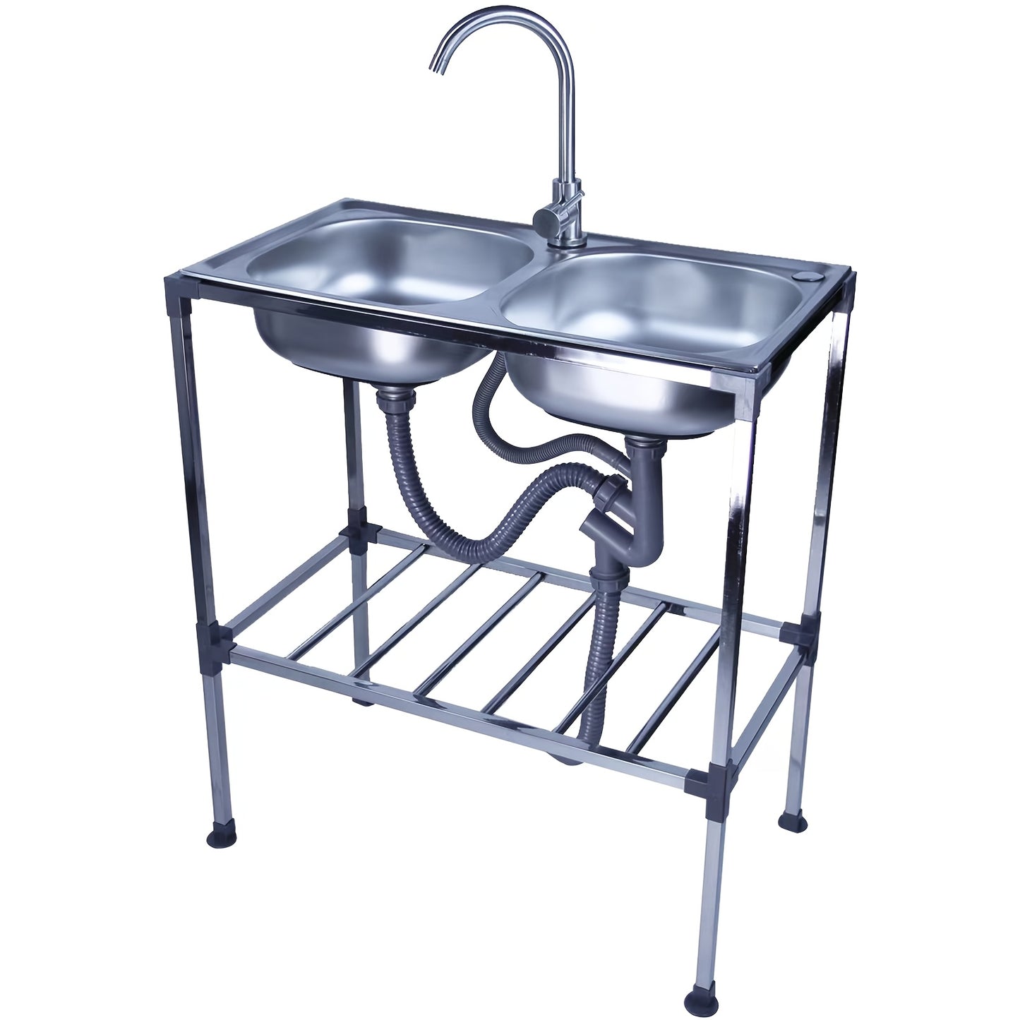 Double Bowl Kitchen Sink, Freestanding Sink with Hot And Cold Water Faucet, Portable Sink with Drain Kit Suitable for Camping, Balcony, Garage