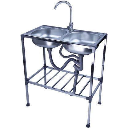 Double Bowl Kitchen Sink, Freestanding Sink with Hot And Cold Water Faucet, Portable Sink with Drain Kit Suitable for Camping, Balcony, Garage