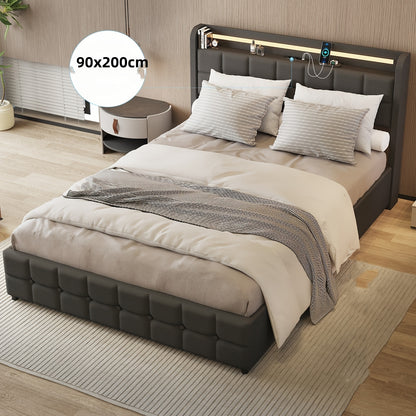 Eenpersoonsbed – Bedframe – Single Bed – Opbergbed – Slaapbank – 90x200 cm – Met 2 Opberglades – Stevige Houten Lattenbodem