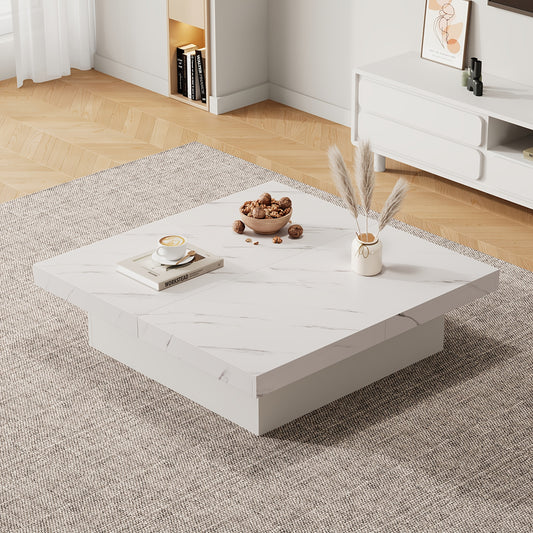 Salontafel – Tafel – Bijzettafel – Woonkamertafel – Lounge Tafel – Modern Wit – Marmerlook – Vier Laden – Schuifbaar Tafelblad – 90x90x25 cm – Draagvermogen 30 kg