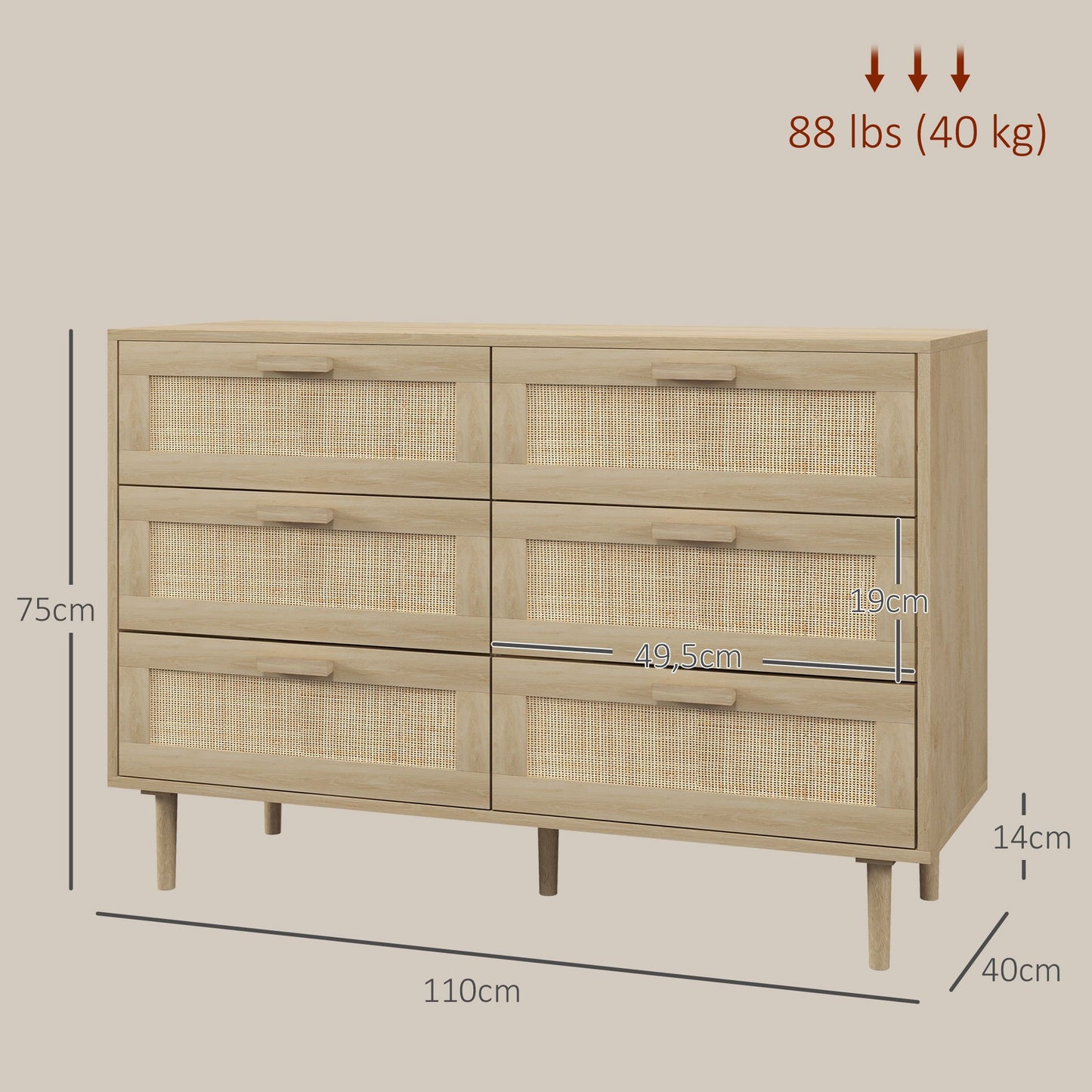 Opbergkast – Ladekast – Commode – Kast – Dressoir – 6 Lades – Rotan Geweven Front – Licht Hout – Compact Formaat – Stevige Constructie