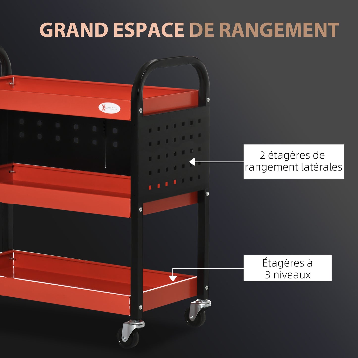 DURHAND Workshop Trolley Servant Trolley 3-Level Tool Cart with Shelves, Hanging Boards, Load Up to 100 Kg, Workshop Trolley for Garage, Warehouse, DIY Tools, Red