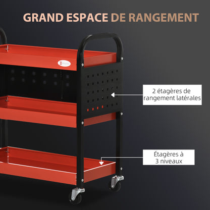 DURHAND Workshop Trolley Servant Trolley 3-Level Tool Cart with Shelves, Hanging Boards, Load Up to 100 Kg, Workshop Trolley for Garage, Warehouse, DIY Tools, Red