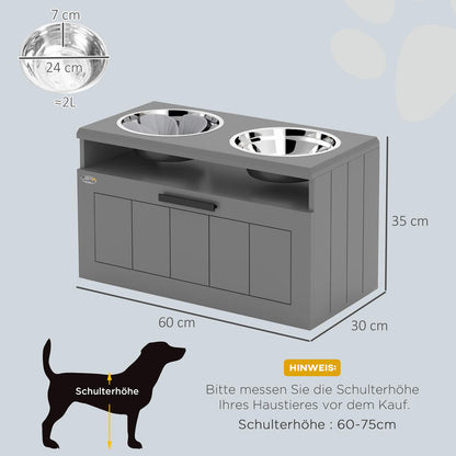 hondenvoerbak verhoogd – voerbak met standaard – dubbele voerbak hond – verhoogde voerbak met lade – verhoogde voerbak voor grote honden – 2 roestvrijstalen bakken – MDF en staal – 35,5 x 60 x 30 cm – grijs