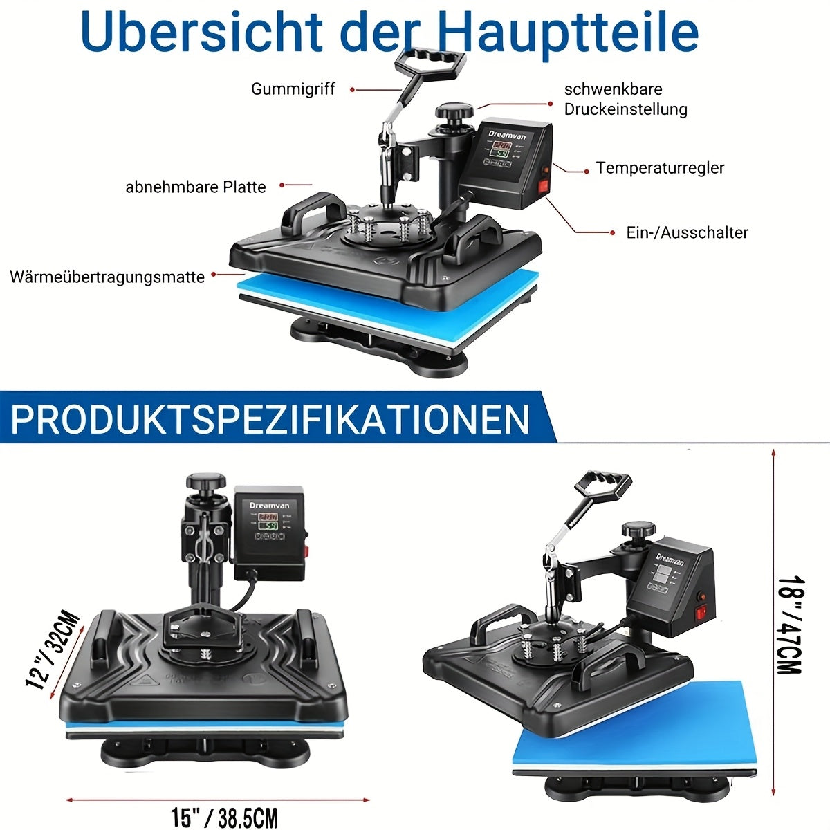 Warmtepers – Hittepers – Transferpers – Sublimatiepers – Textielpers – 5-in-1 Multifunctionele Warmtepers – 30x38 cm Verwarmingsplaat – 360° Draaibare Persarm