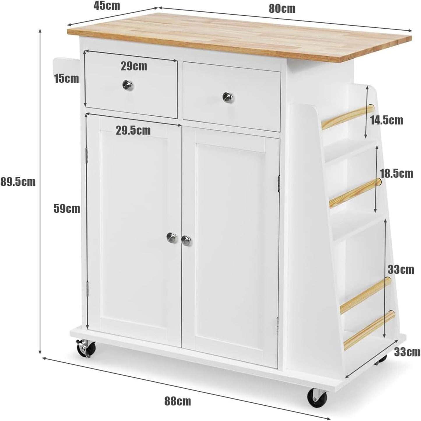 Keukenwagen – Keukentrolley – Keukenkar – Keukenmeubel – Keukenrek – Rubberen Houten Blad – Verstelbare Plank